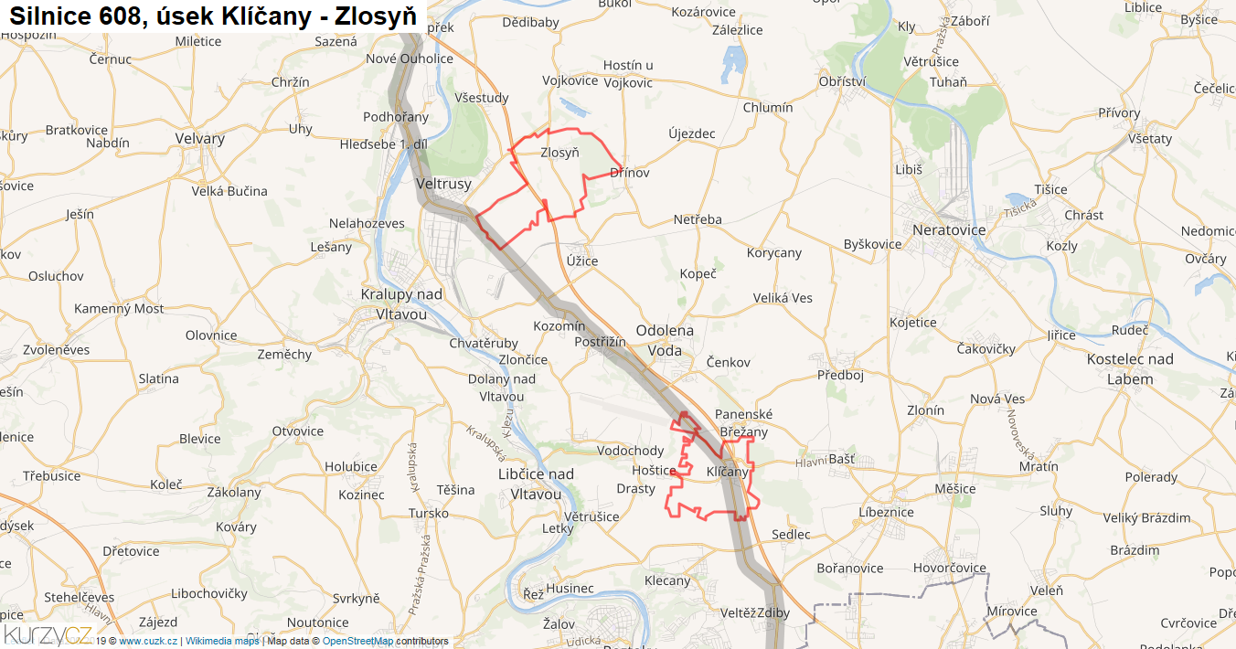 Úsek Klíčany - Zlosyň, Silnice 608 - Mapa