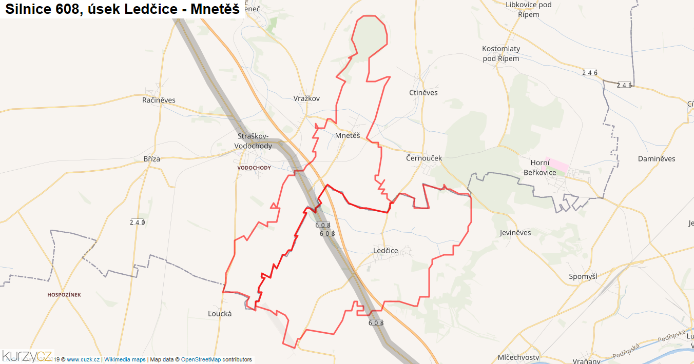 Úsek Ledčice - Mnetěš, Silnice 608 - Mapa