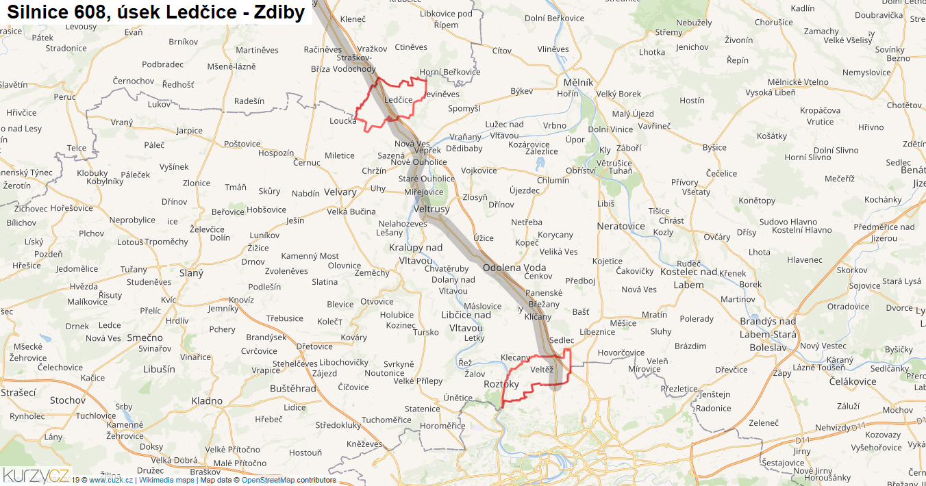 Úsek Ledčice - Zdiby, Silnice 608 - Mapa