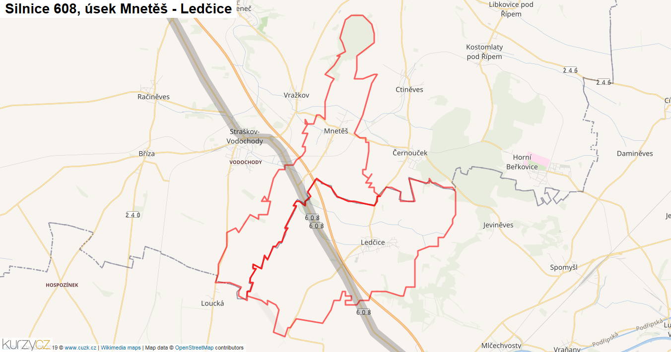 Úsek Mnetěš - Ledčice, Silnice 608 - Mapa