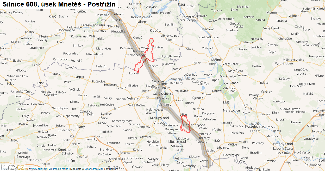 Úsek Mnetěš - Postřižín, Silnice 608 - Mapa
