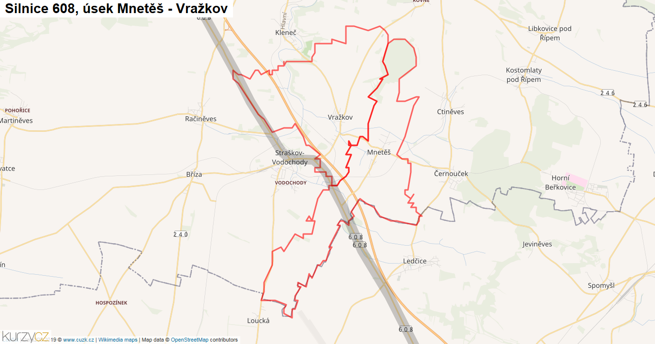 Úsek Mnetěš - Vražkov, Silnice 608 - Mapa