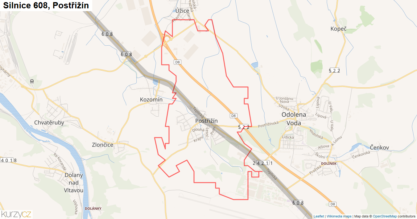 Postřižín, Silnice 608 - Mapa