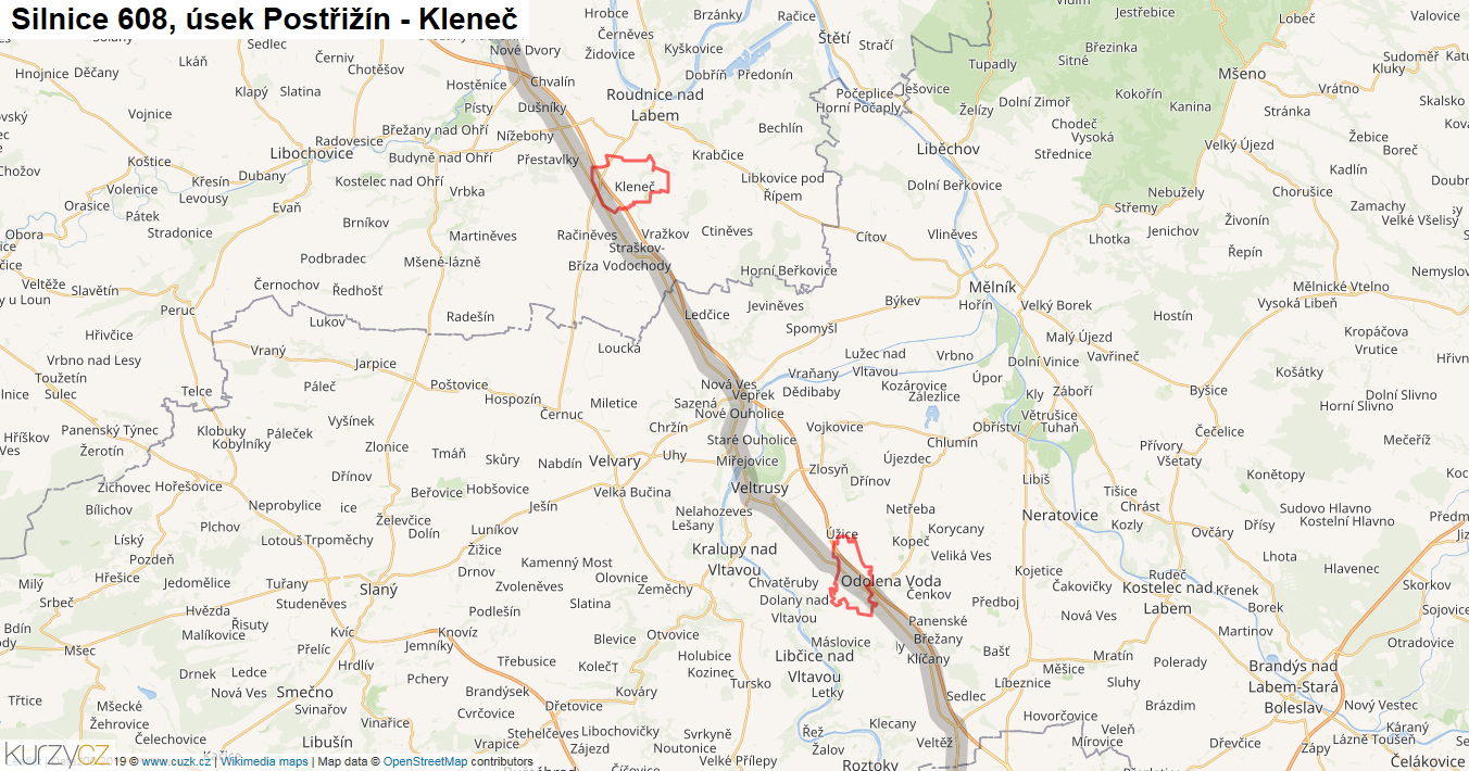 Úsek Postřižín - Kleneč, Silnice 608 - Mapa