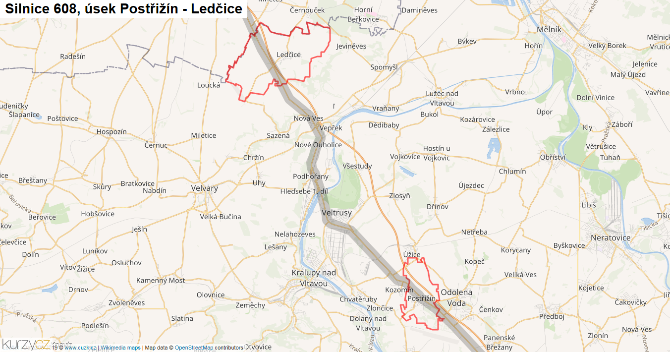 Úsek Postřižín - Ledčice, Silnice 608 - Mapa