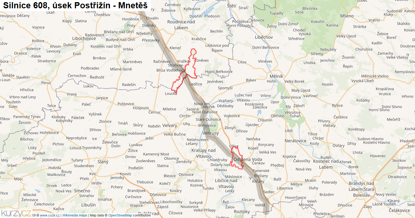 Úsek Postřižín - Mnetěš, Silnice 608 - Mapa