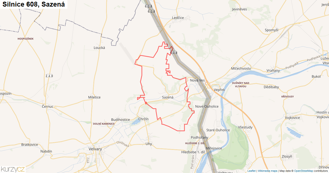 Sazená, Silnice 608 - Mapa