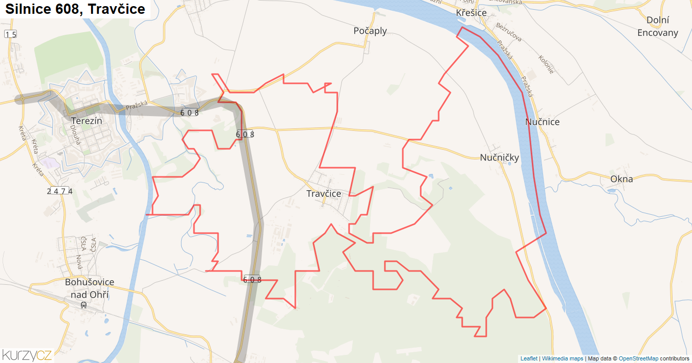 Travčice, Silnice 608 - Mapa
