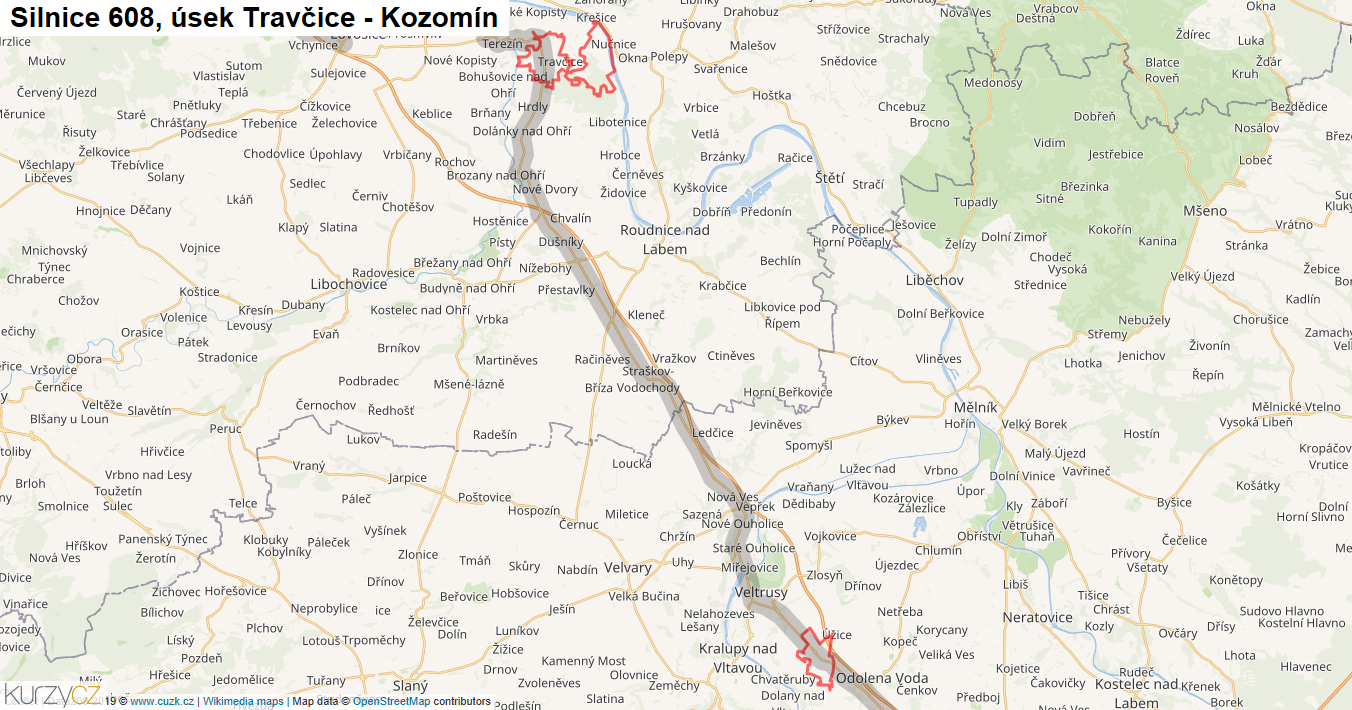 Úsek Travčice - Kozomín, Silnice 608 - Mapa