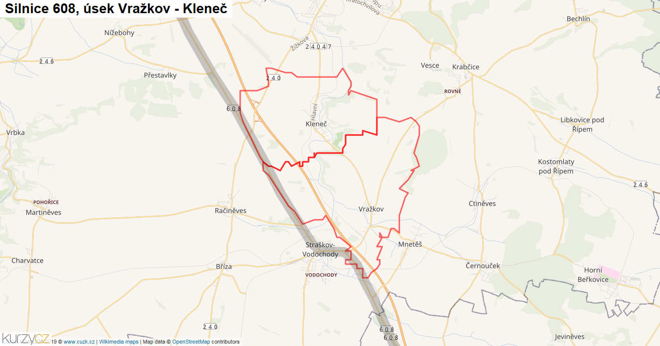 Úsek Vražkov - Kleneč, Silnice 608 - Mapa