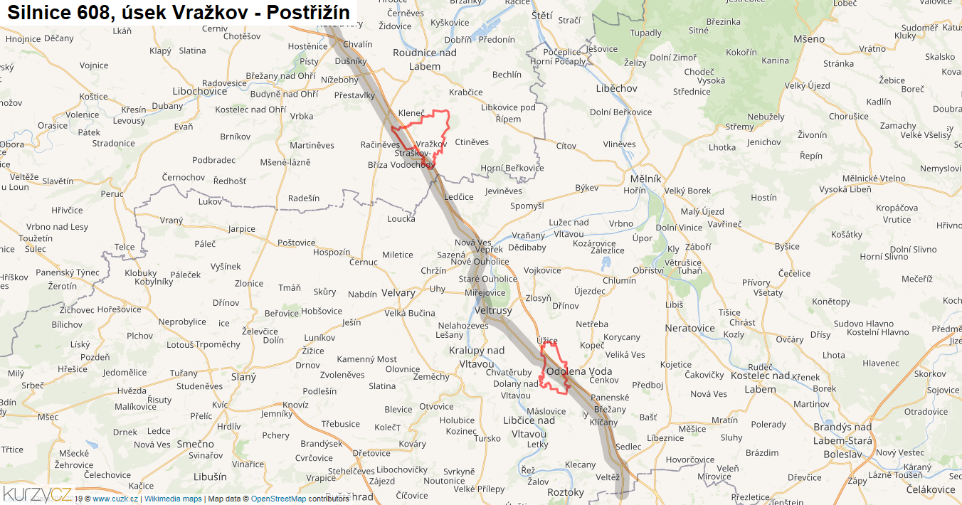 Úsek Vražkov - Postřižín, Silnice 608 - Mapa