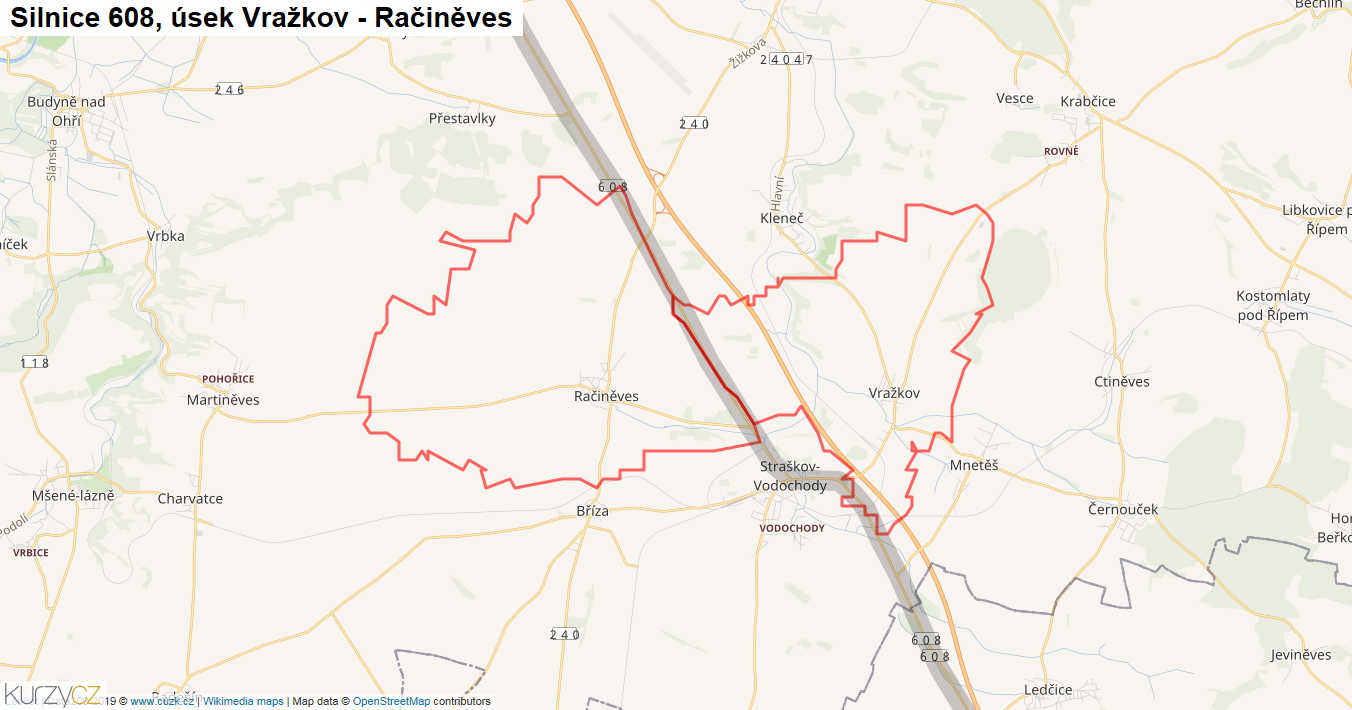 Úsek Vražkov - Račiněves, Silnice 608 - Mapa
