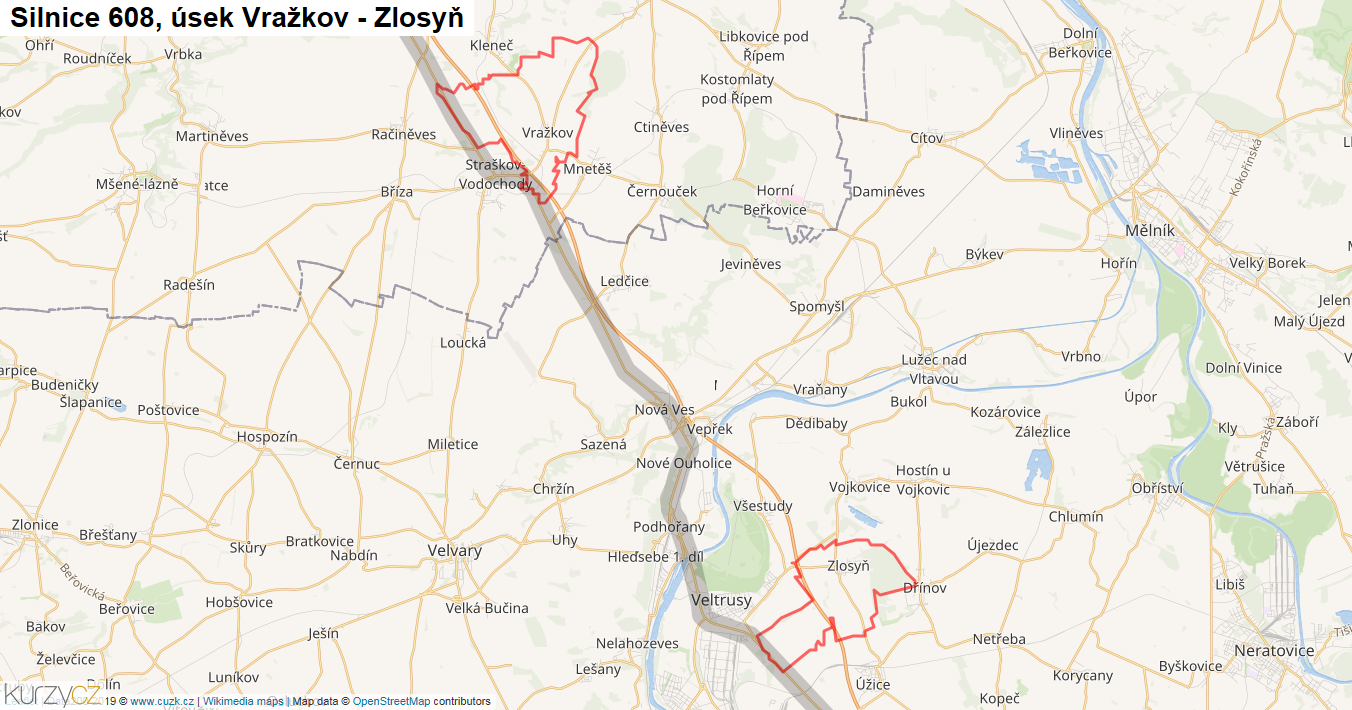 Úsek Vražkov - Zlosyň, Silnice 608 - Mapa