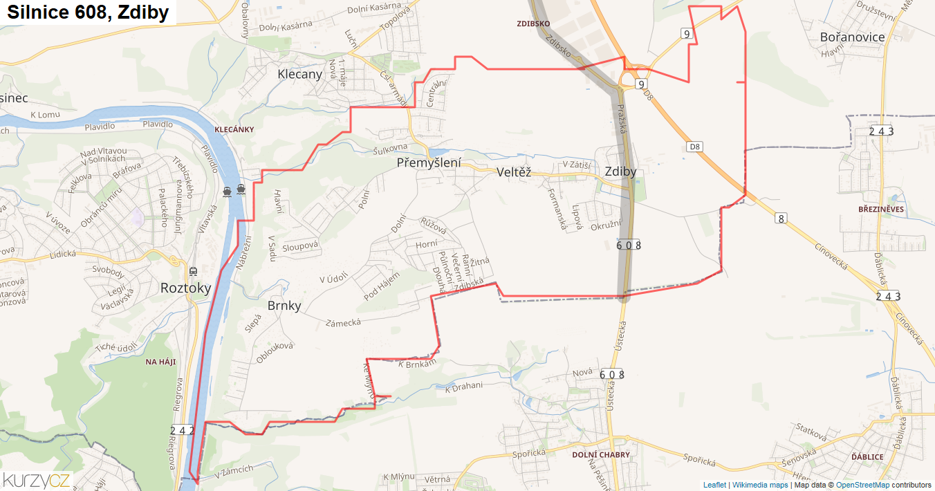 Zdiby, Silnice 608 - Mapa