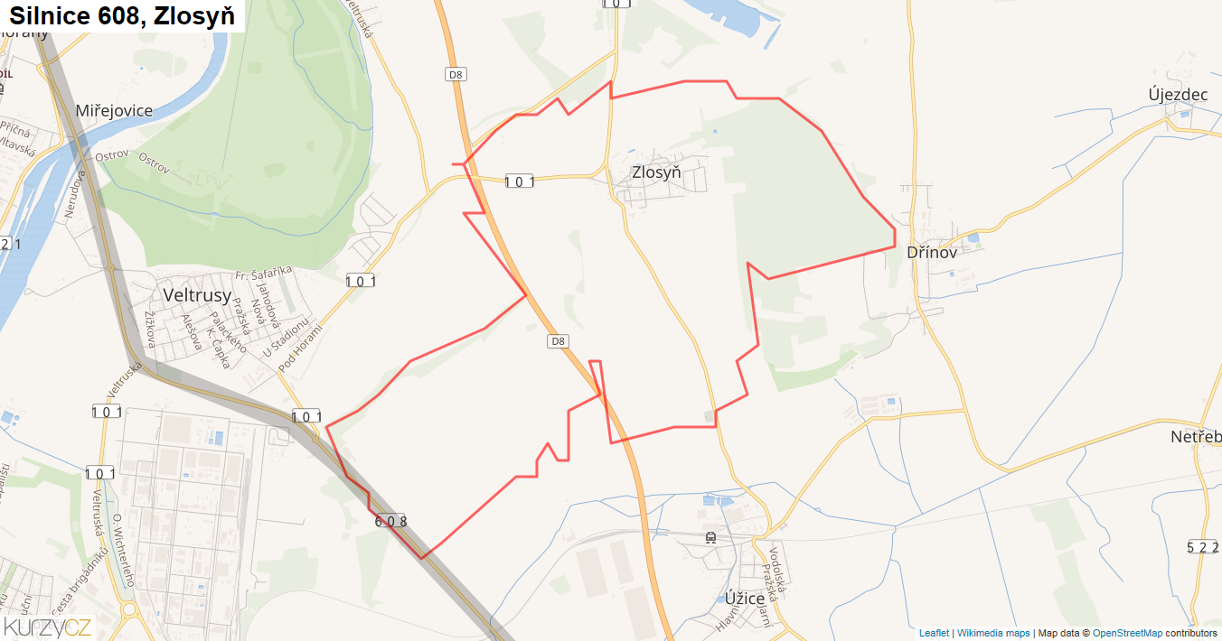 Zlosyň, Silnice 608 - Mapa