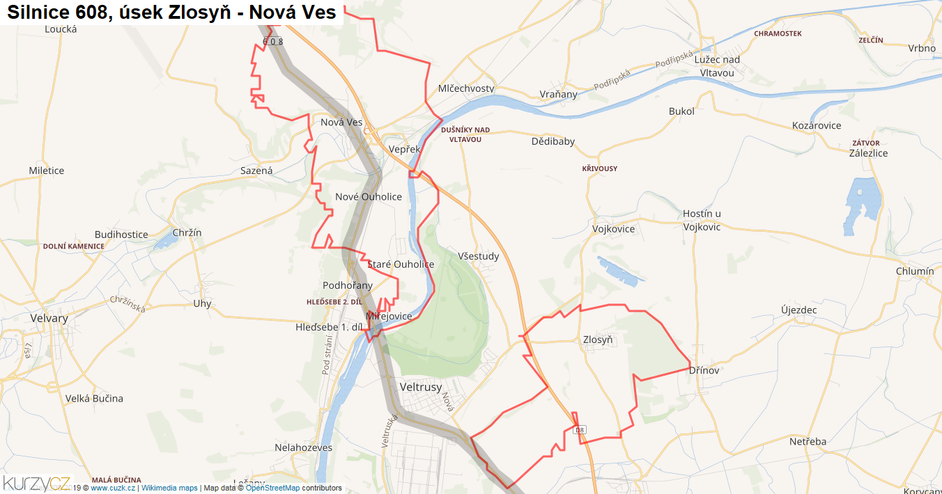 Úsek Zlosyň - Nová Ves, Silnice 608 - Mapa