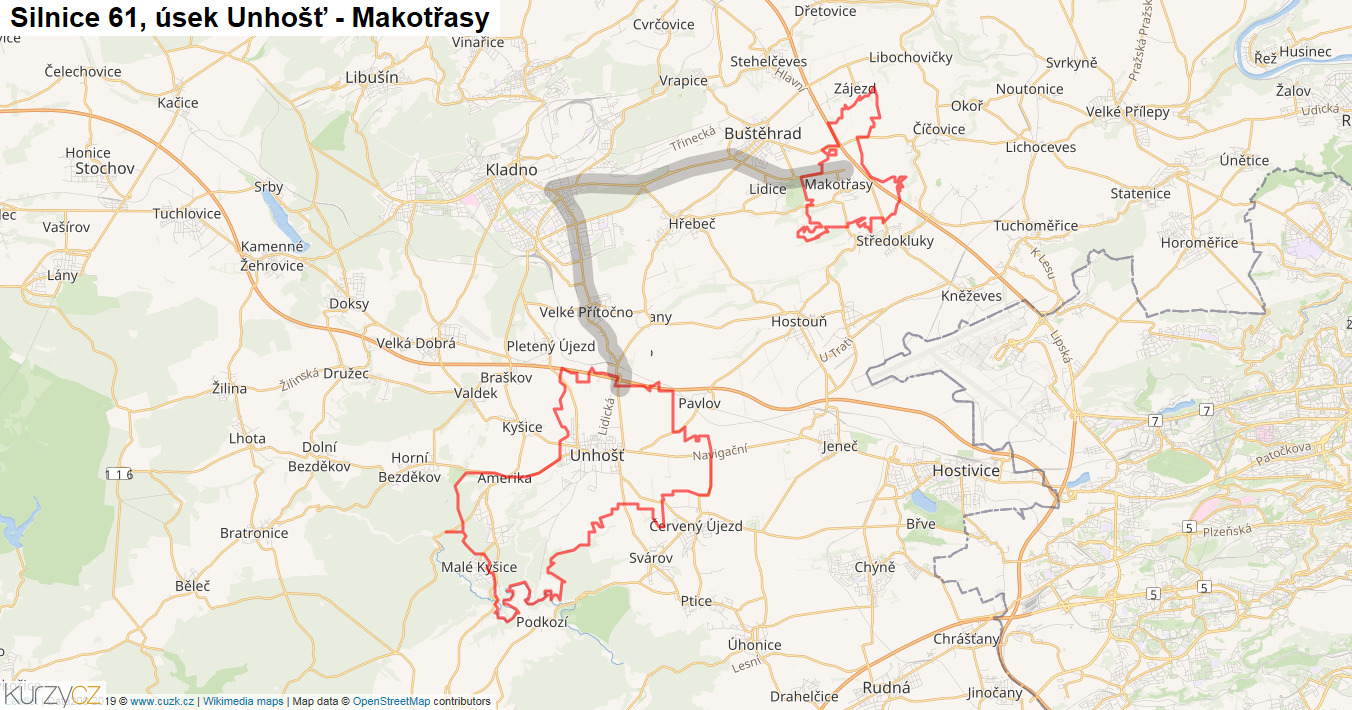 Úsek Unhošť - Makotřasy, Silnice 61 - Mapa