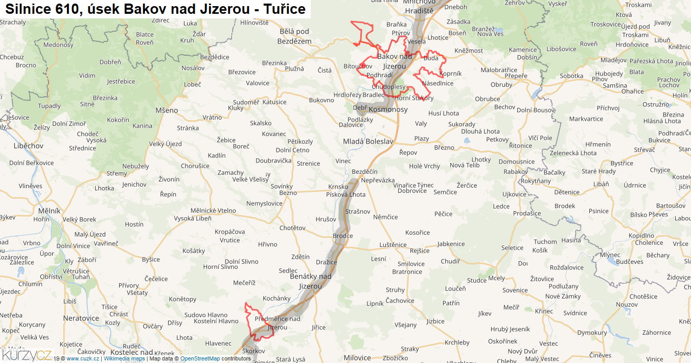 Úsek Bakov nad Jizerou - Tuřice, Silnice 610 - Mapa
