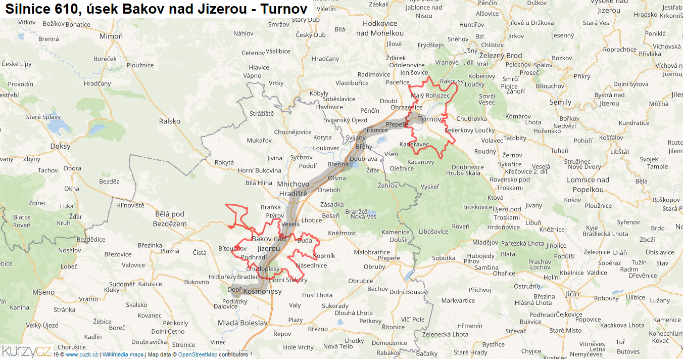 Úsek Bakov nad Jizerou - Turnov, Silnice 610 - Mapa