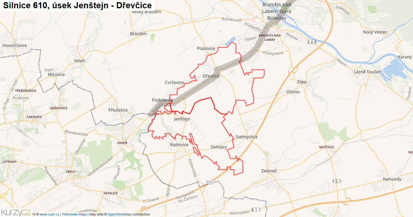 Úsek Jenštejn - Dřevčice, Silnice 610 - Mapa