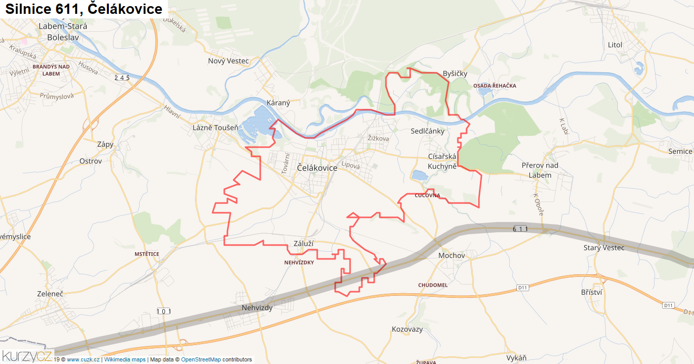 Čelákovice, Silnice 611 - Mapa