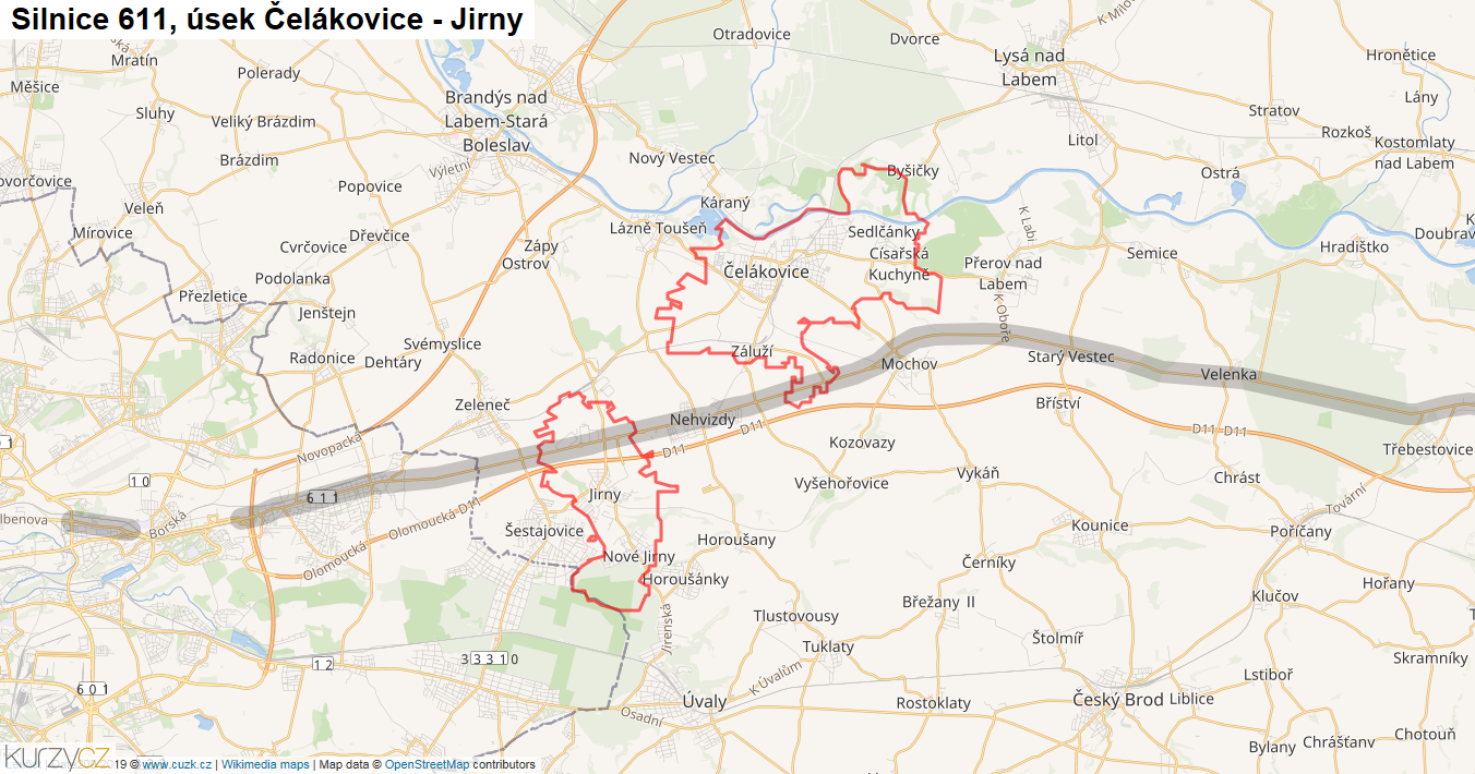 Úsek Čelákovice - Jirny, Silnice 611 - Mapa