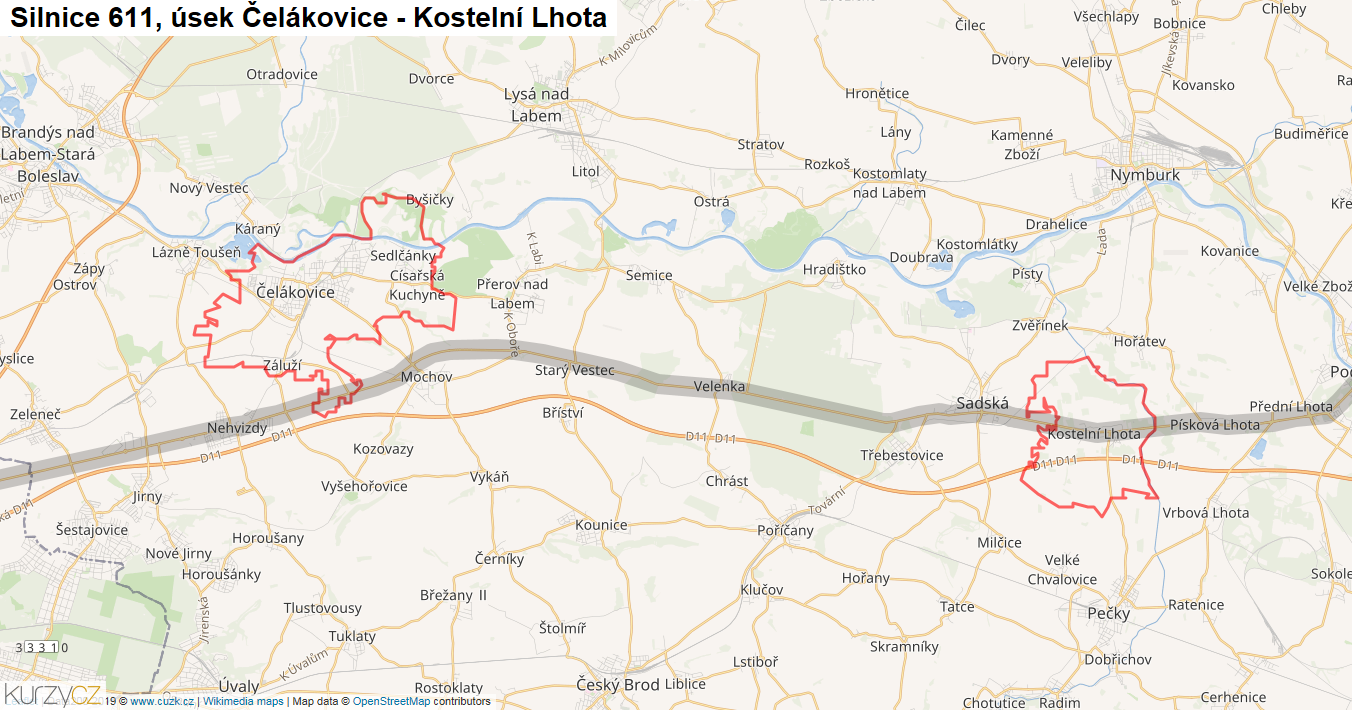 Úsek Čelákovice - Kostelní Lhota, Silnice 611 - Mapa