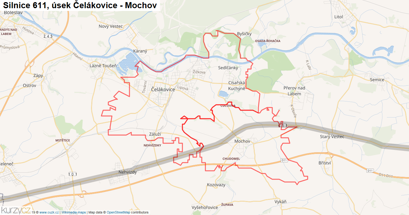 Úsek Čelákovice - Mochov, Silnice 611 - Mapa