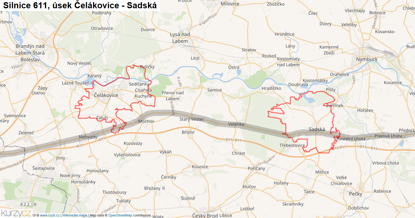 Úsek Čelákovice - Sadská, Silnice 611 - Mapa