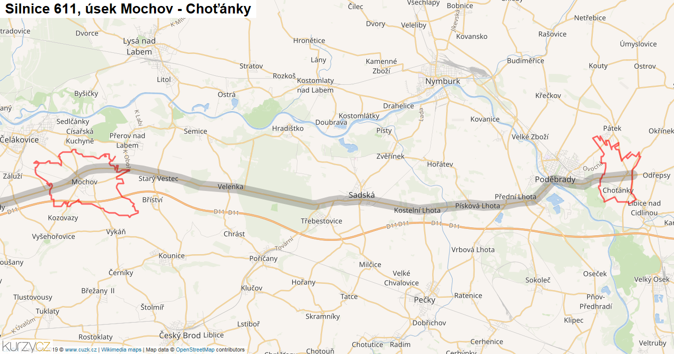Úsek Mochov - Choťánky, Silnice 611 - Mapa