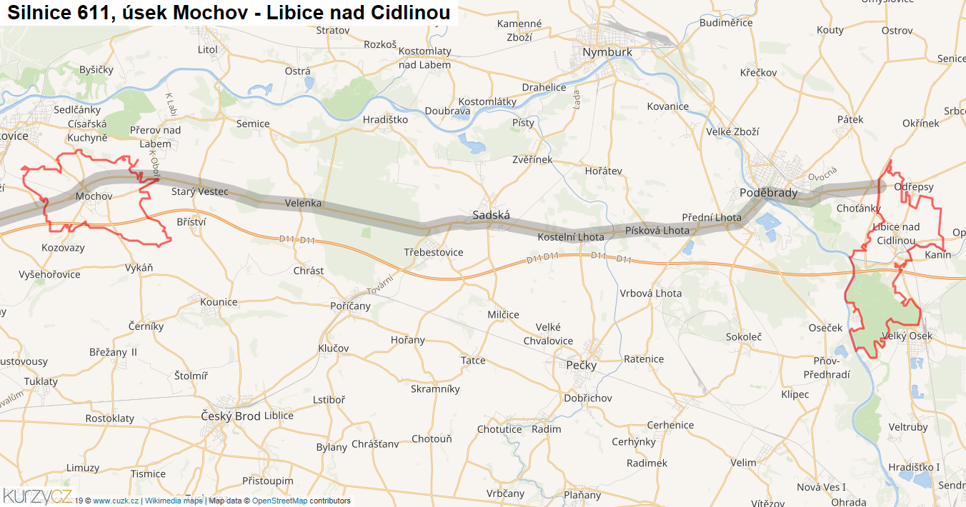 Úsek Mochov - Libice nad Cidlinou, Silnice 611 - Mapa