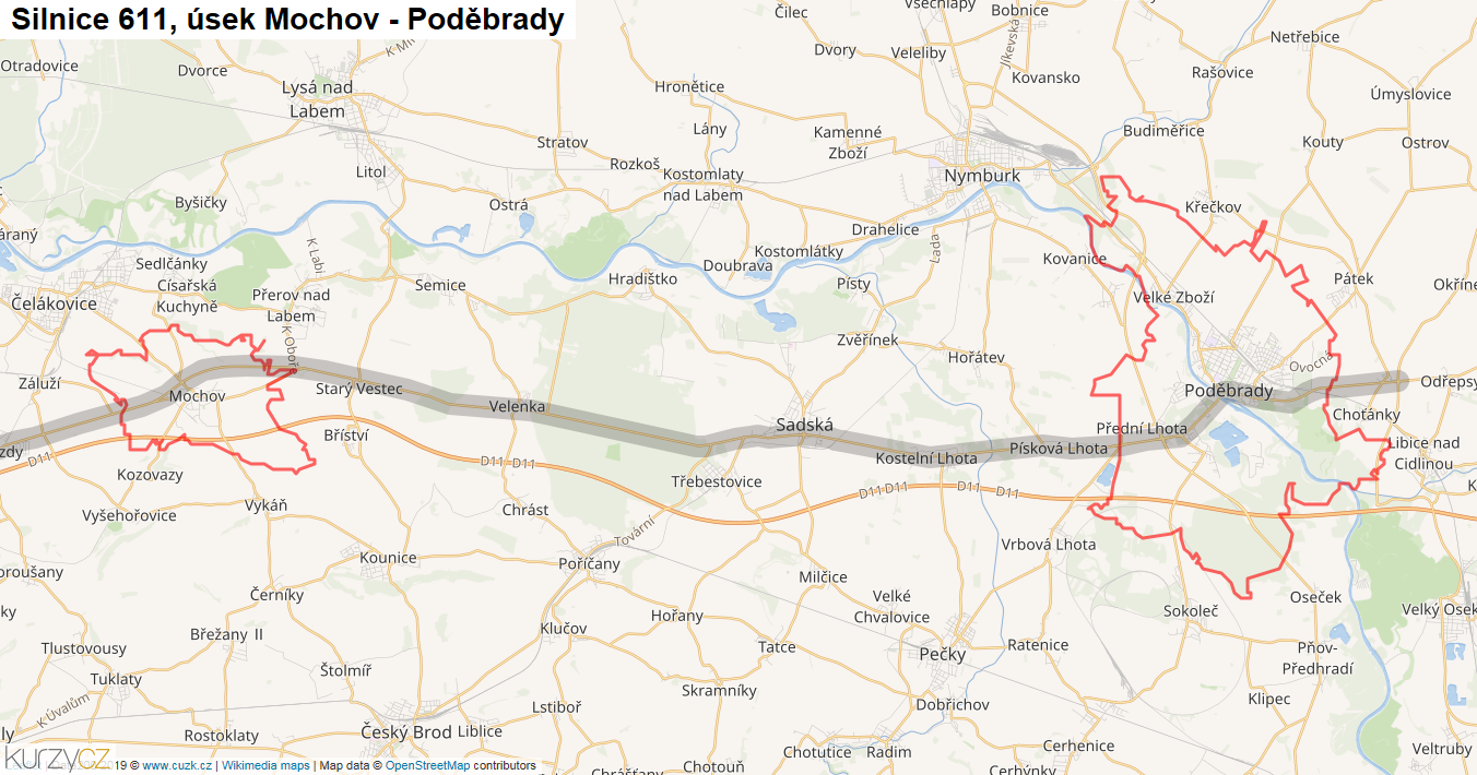 Úsek Mochov - Poděbrady, Silnice 611 - Mapa