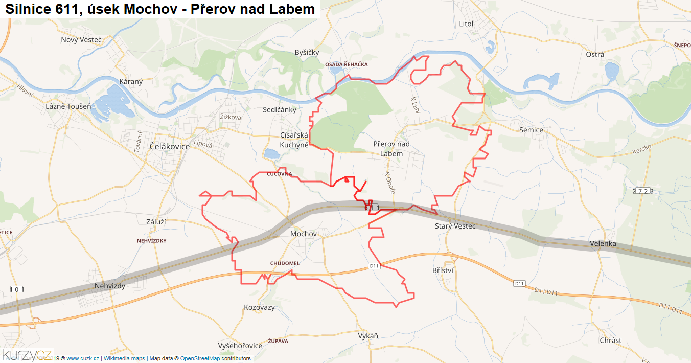 Úsek Mochov - Přerov nad Labem, Silnice 611 - Mapa
