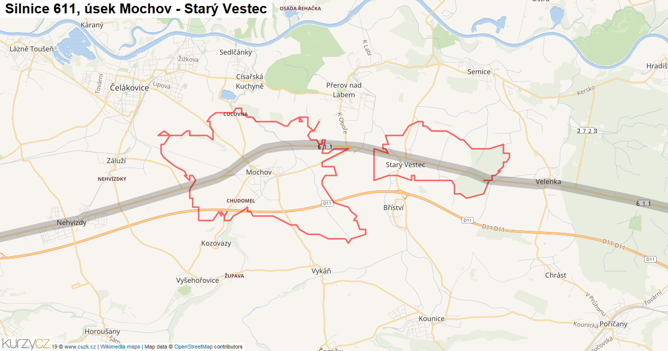 Úsek Mochov - Starý Vestec, Silnice 611 - Mapa
