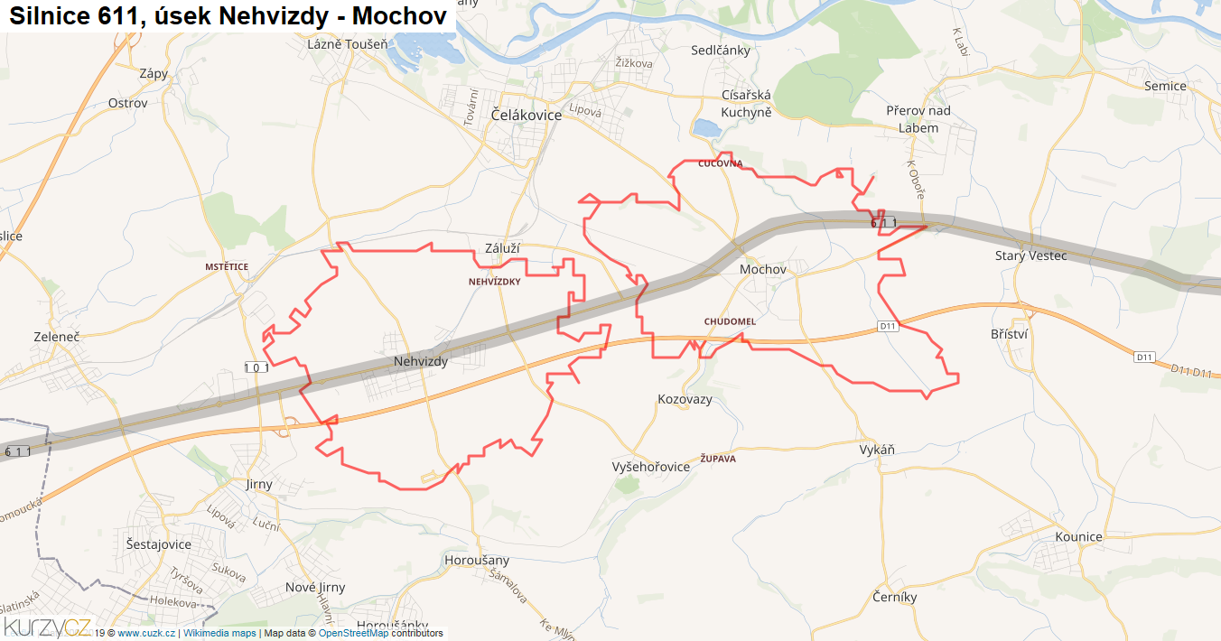Úsek Nehvizdy - Mochov, Silnice 611 - Mapa