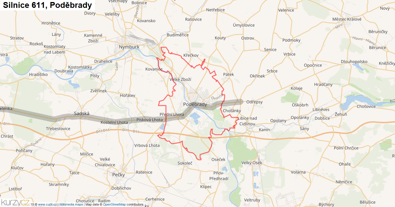 Poděbrady, Silnice 611 - Mapa
