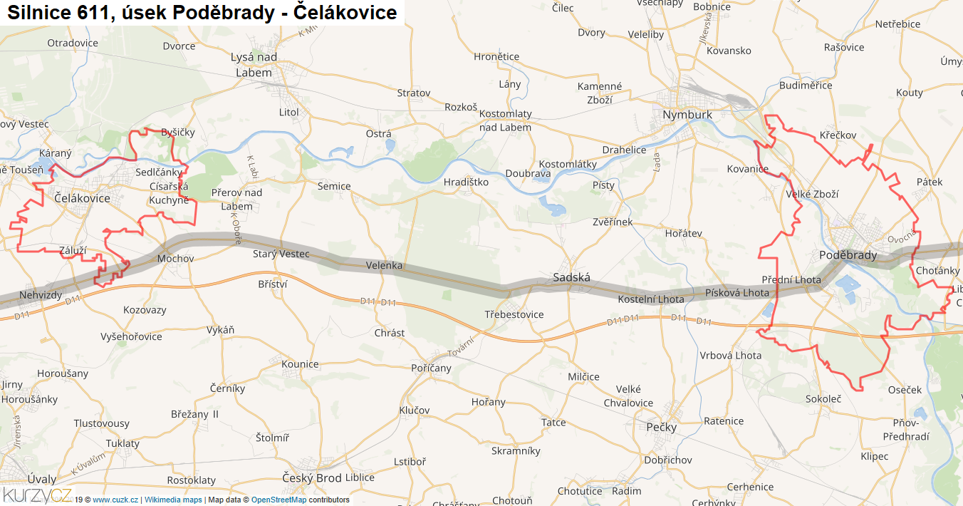 Úsek Poděbrady - Čelákovice, Silnice 611 - Mapa