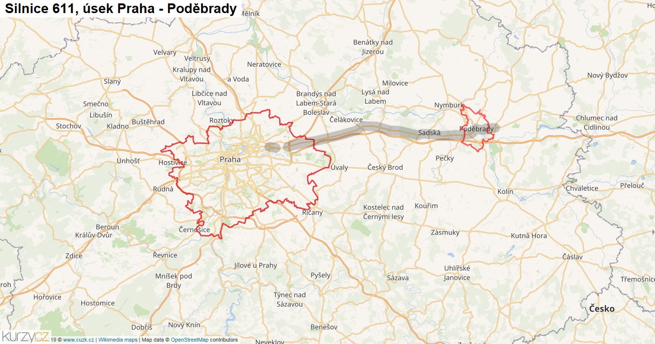 Úsek Praha - Poděbrady, Silnice 611 - Mapa