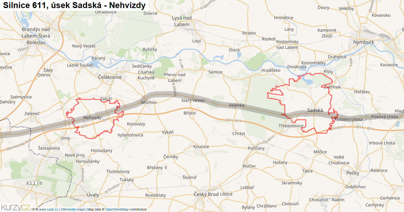 Úsek Sadská - Nehvizdy, Silnice 611 - Mapa