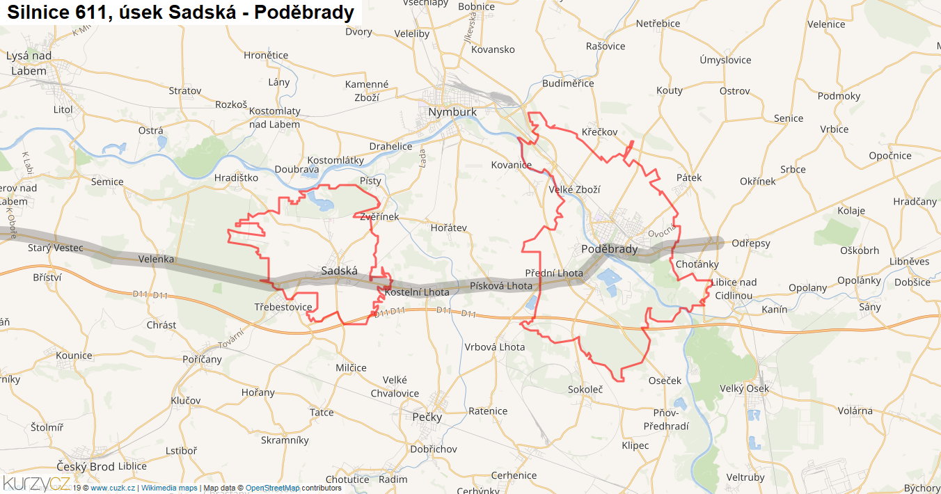 Úsek Sadská - Poděbrady, Silnice 611 - Mapa