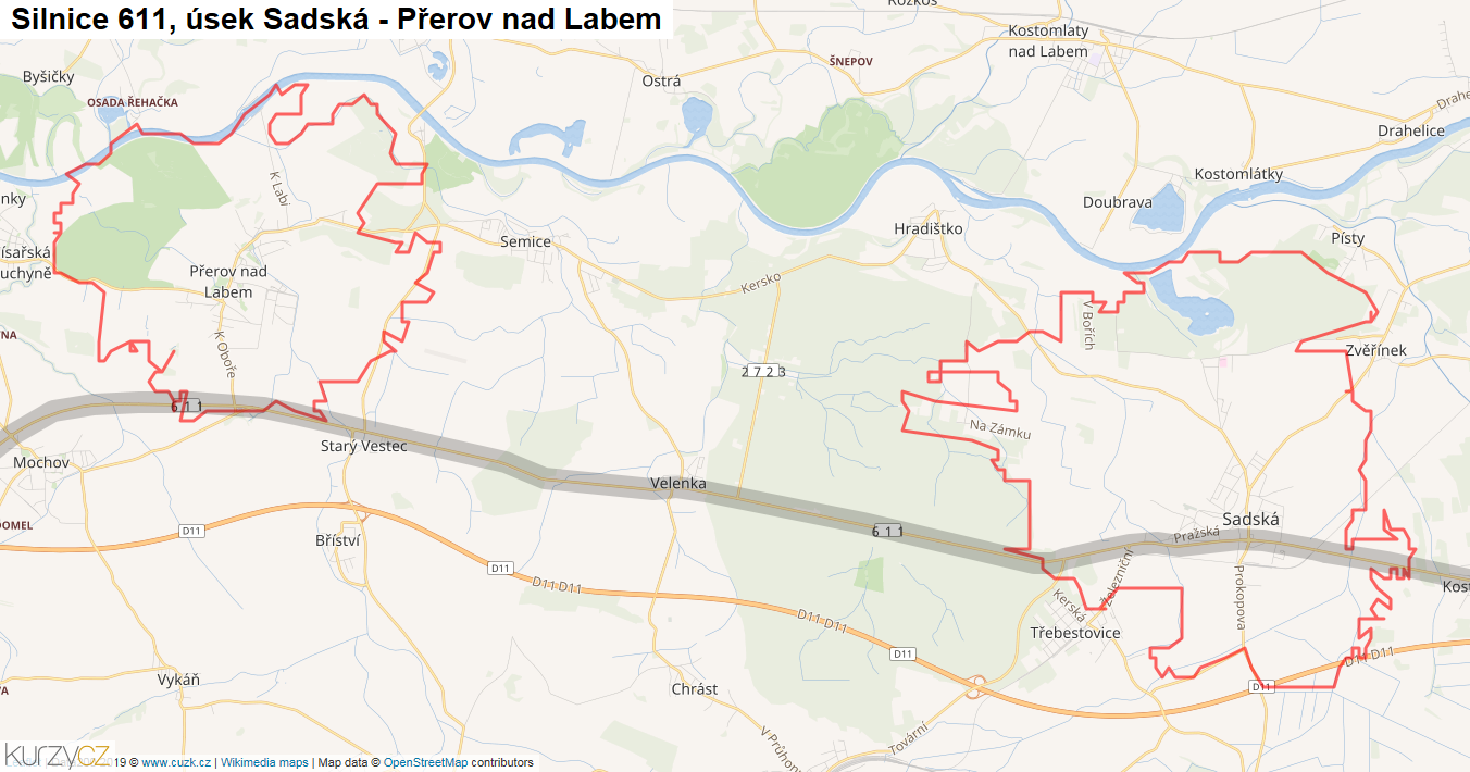 Úsek Sadská - Přerov nad Labem, Silnice 611 - Mapa