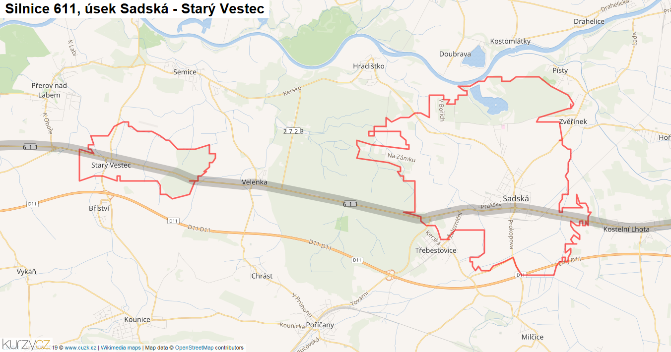 Úsek Sadská - Starý Vestec, Silnice 611 - Mapa
