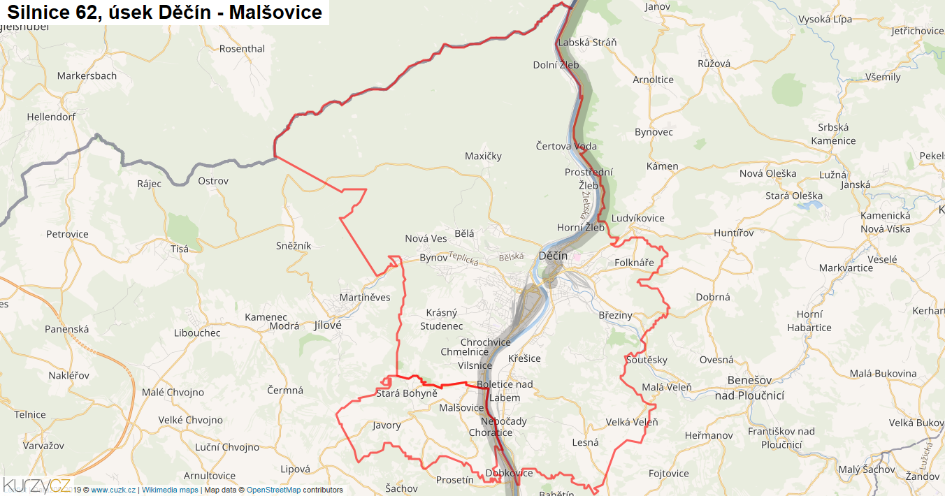 Úsek Děčín - Malšovice, Silnice 62 - Mapa
