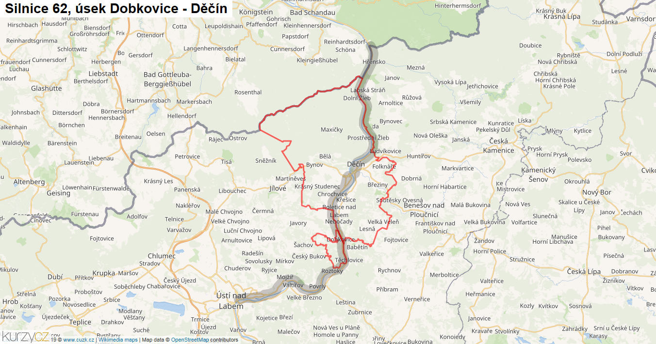 Úsek Dobkovice - Děčín, Silnice 62 - Mapa