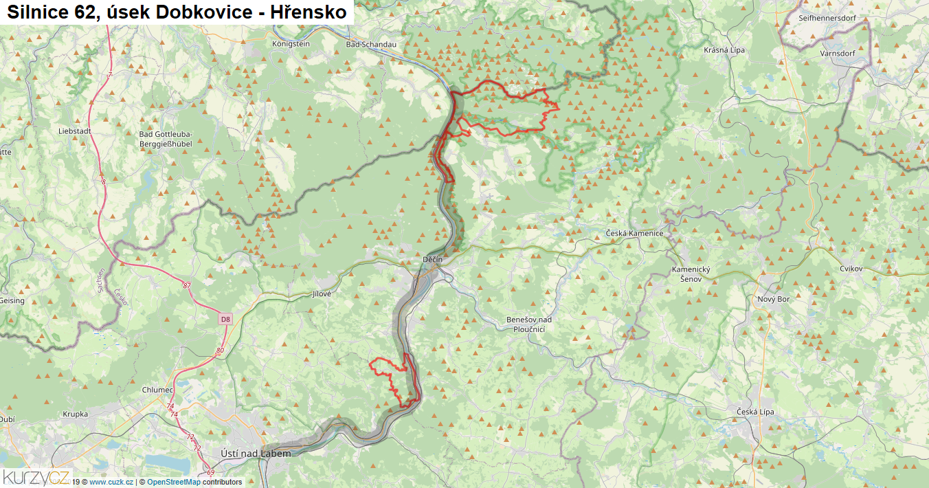Úsek Dobkovice - Hřensko, Silnice 62 - Mapa