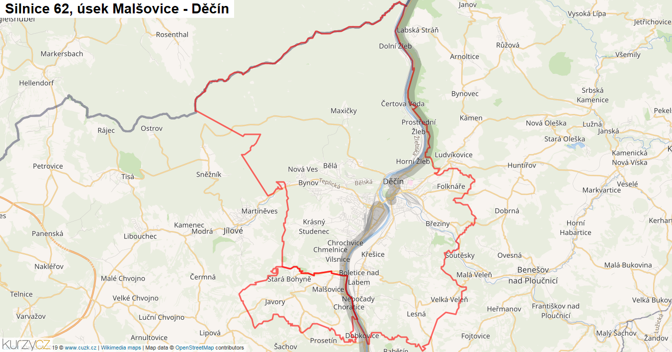 Úsek Malšovice - Děčín, Silnice 62 - Mapa