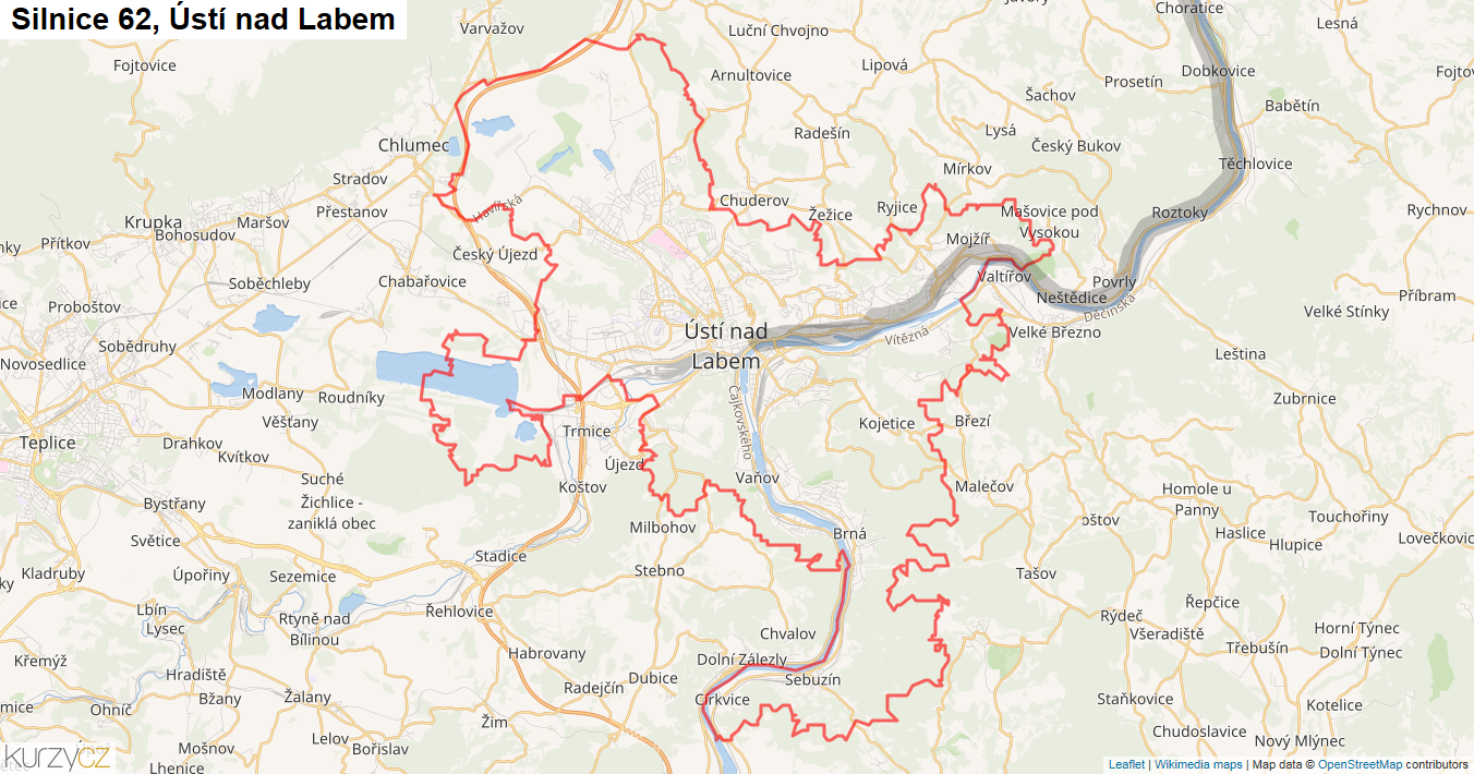 Ústí nad Labem, Silnice 62 - Mapa