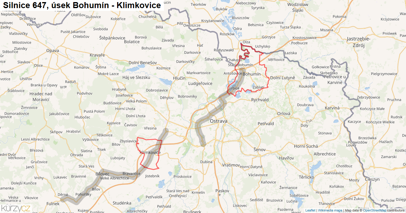Úsek Bohumín - Klimkovice, Silnice 647 - Mapa