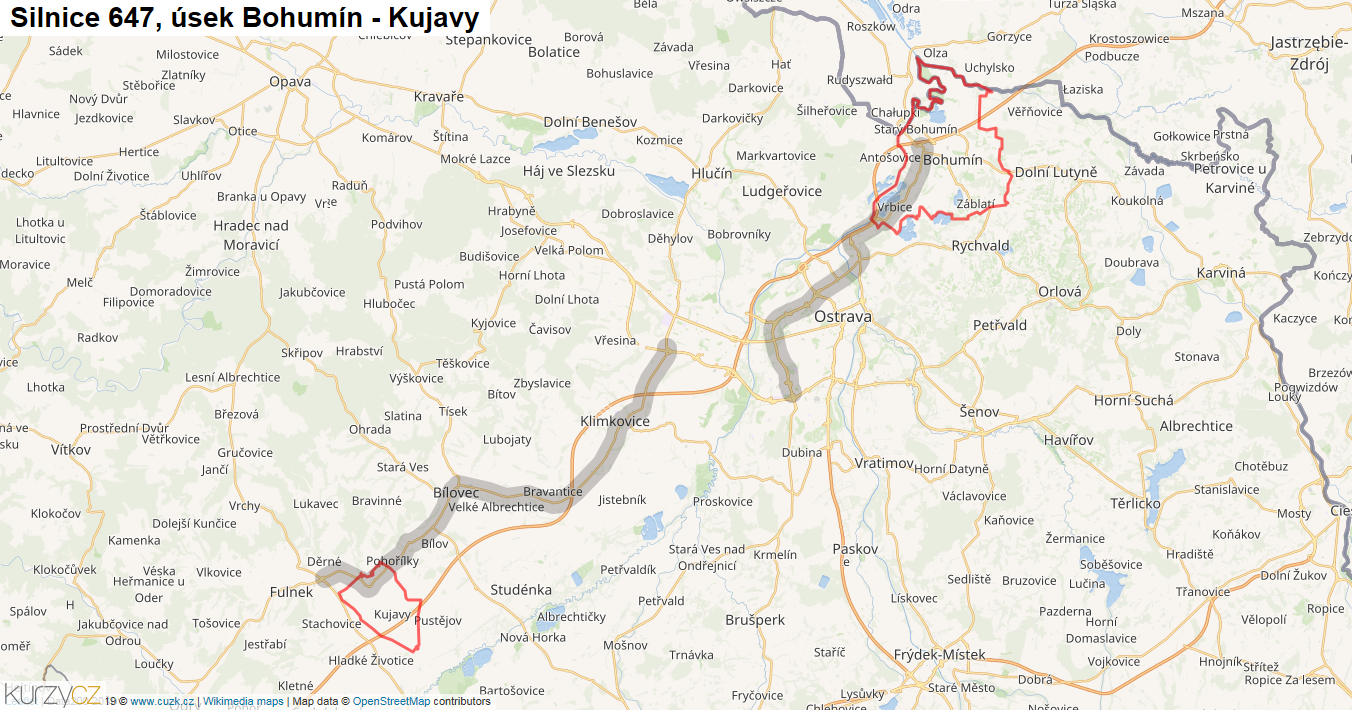 Úsek Bohumín - Kujavy, Silnice 647 - Mapa