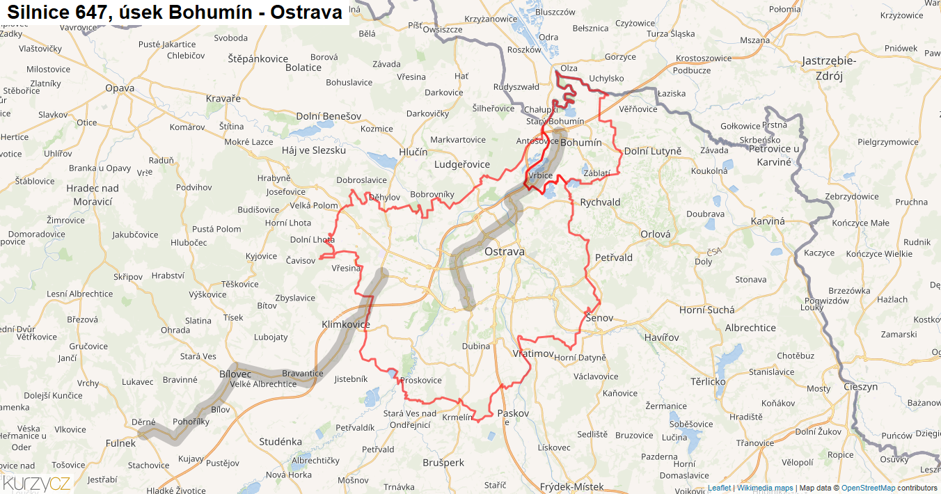 Úsek Bohumín - Ostrava, Silnice 647 - Mapa